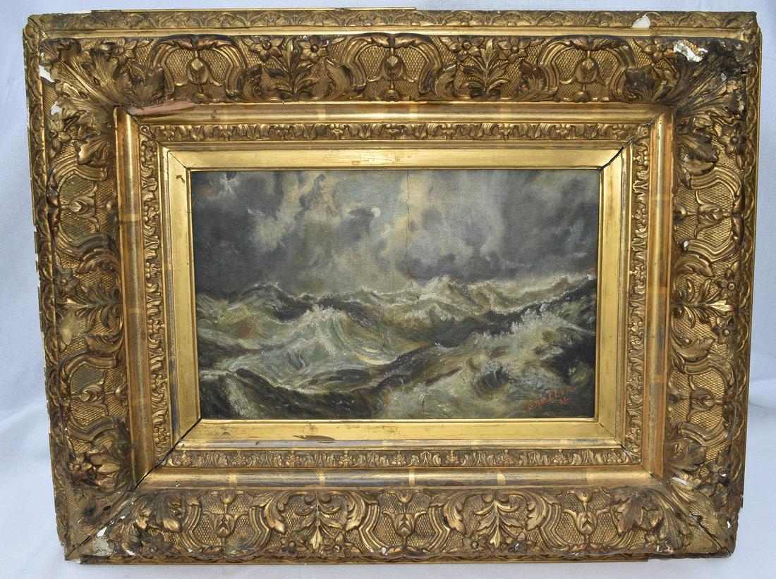 O/C LAID ON MASONITE ROUGH SEAS SIGNED C. MILLER 1906 (1 of 9)
