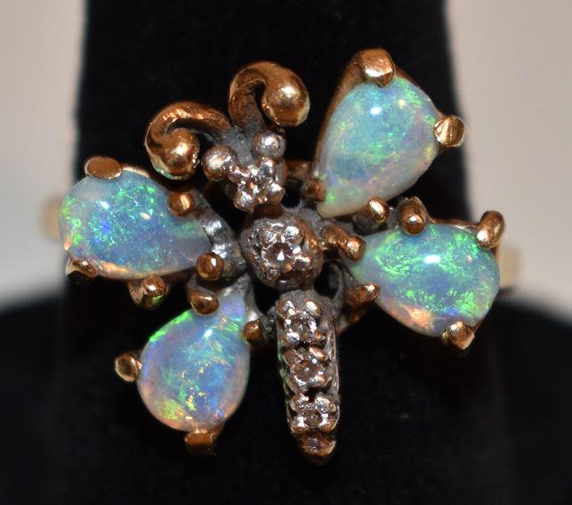 MODERN 14KT YELLOW GOLD/OPAL/DIAMOND DRAGONFLY RING (1 of 5)