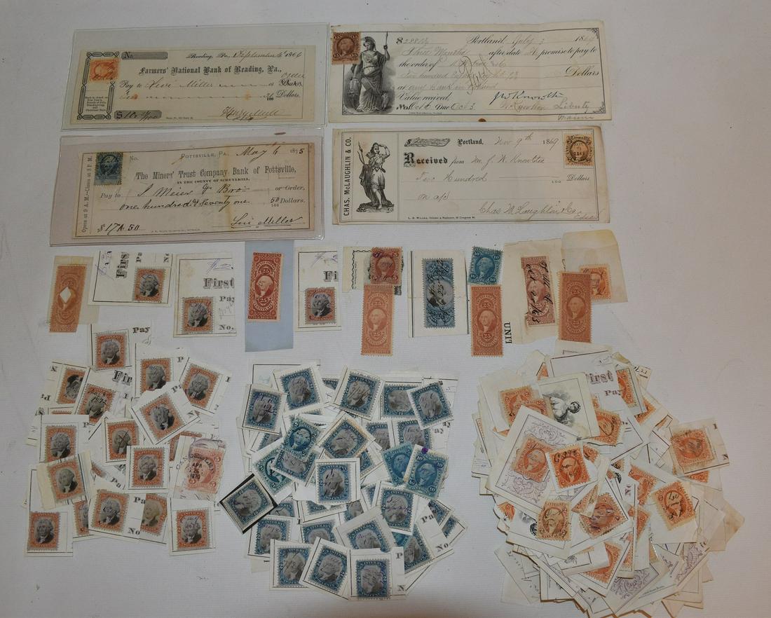 LOT OVER 300 US INTER-REVENUE STAMPS INCL. BANK CHECKS (1 of 12)