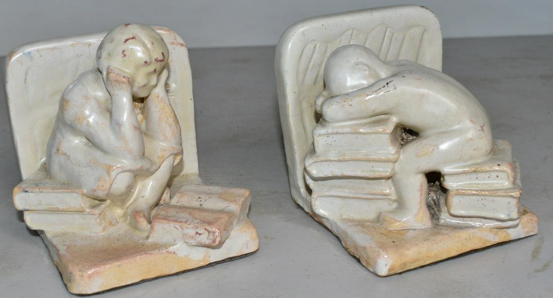 PAIR SCULPTED POTTERY BOOK ENDS SIGNED L. LENICEK 1954 (1 of 10)