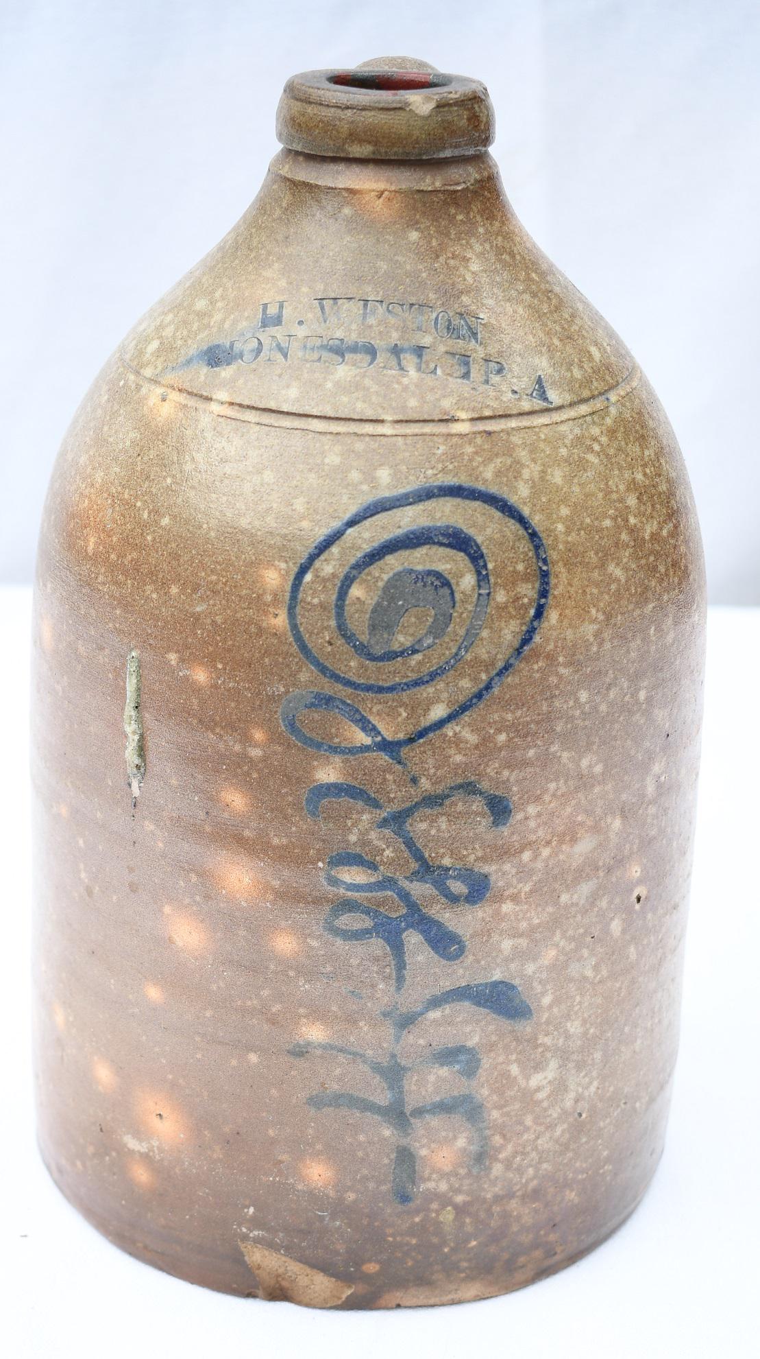 2 GAL. EARLY SALT GLAZED STONEWARE JUG W/ COBALT DECO (1 of 6)