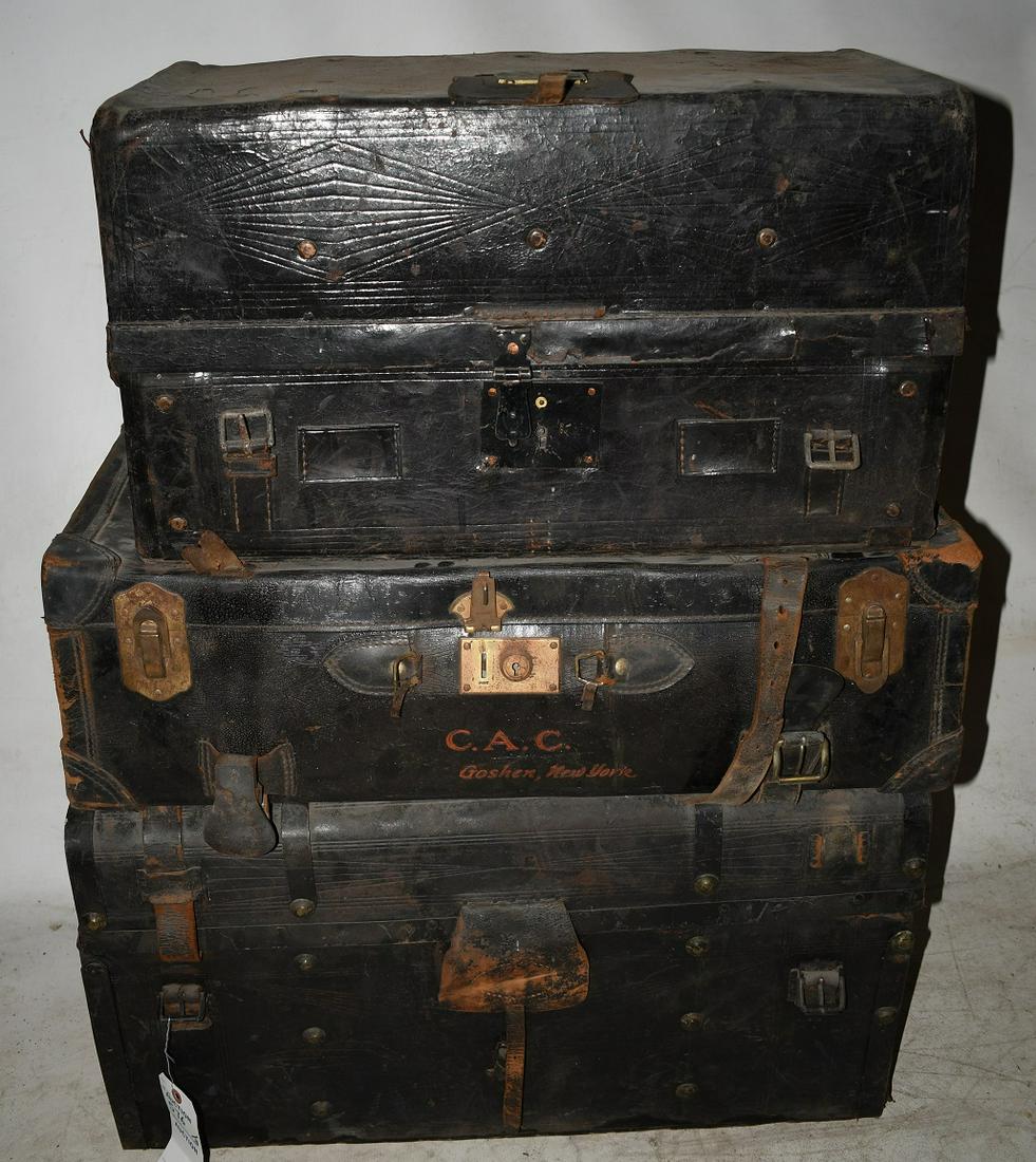 LOT (3) EARLY LEATHER STAGECOACH TRUNKS, C.1840/50 (1 of 9)