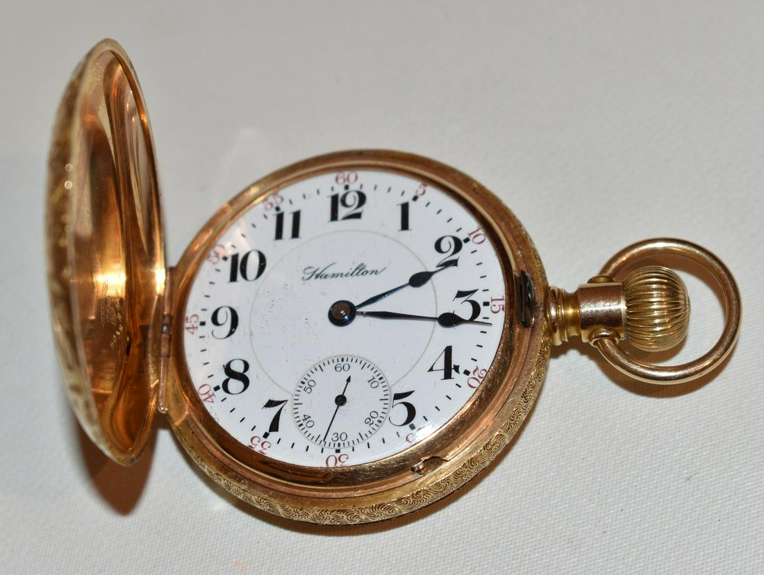 HAMILTON 14KT YG 21 JEWEL 18 SZ. POCKET WATCH, C. 1890: HAMILTON 14KT YELLOW GOLD 21 JEWEL 18 SZ. POCKET WATCH, C. 1890, SERIAL # 636137