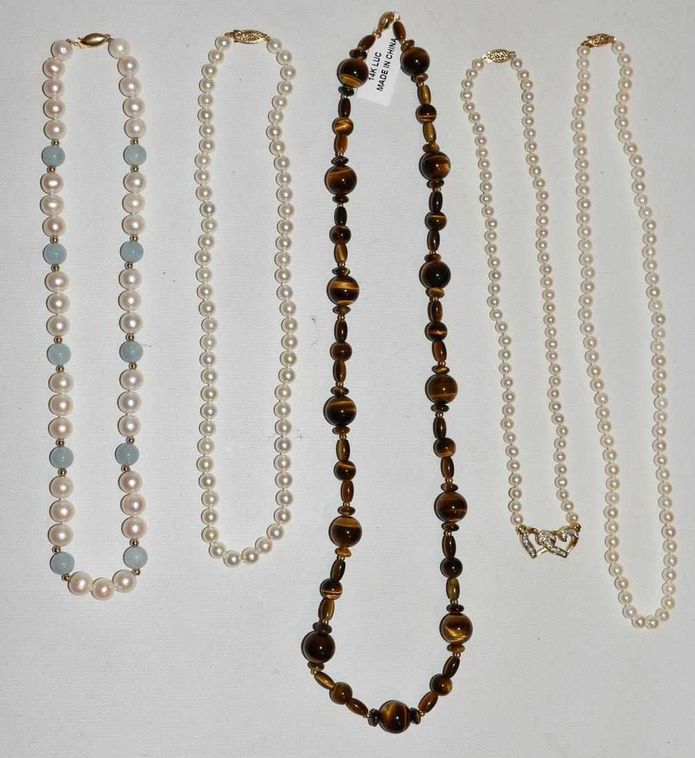 LOT (5) CONT. 14KT YELLOW GOLD/DIA./PEARL/TIGERS EYE (1 of 15)