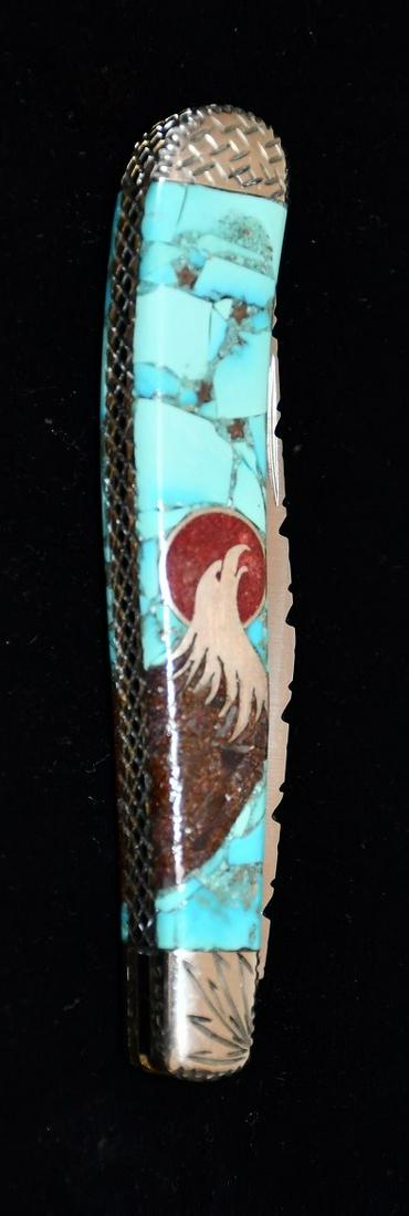 SCHRADE EAGLEHEAD POCKET KNIFE COIN SILVER, TURQUOISE: SCHRADE EAGLEHEAD POCKET KNIFE COIN SILVER, TURQUOISE, RED CORAL & 140 MILLION YEAR OLD DINOSAUR BONE #249-94, C. 1980'S, L. 4"