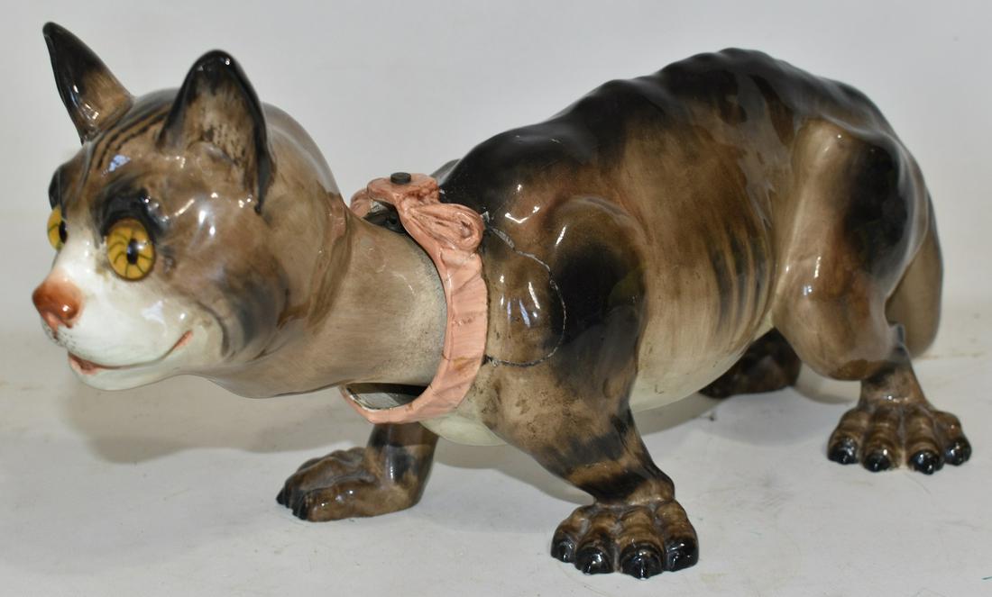 FRENCH/ENGLISH H/P PORCELAIN CAT NODDER, 19/20TH C.: FRENCH/ENGLISH H/P PORCELAIN CAT NODDER, 19/20TH C. (OLD REPAIRS) STYLE OF WEMYSS & GALLE, H. 7", L. 16"