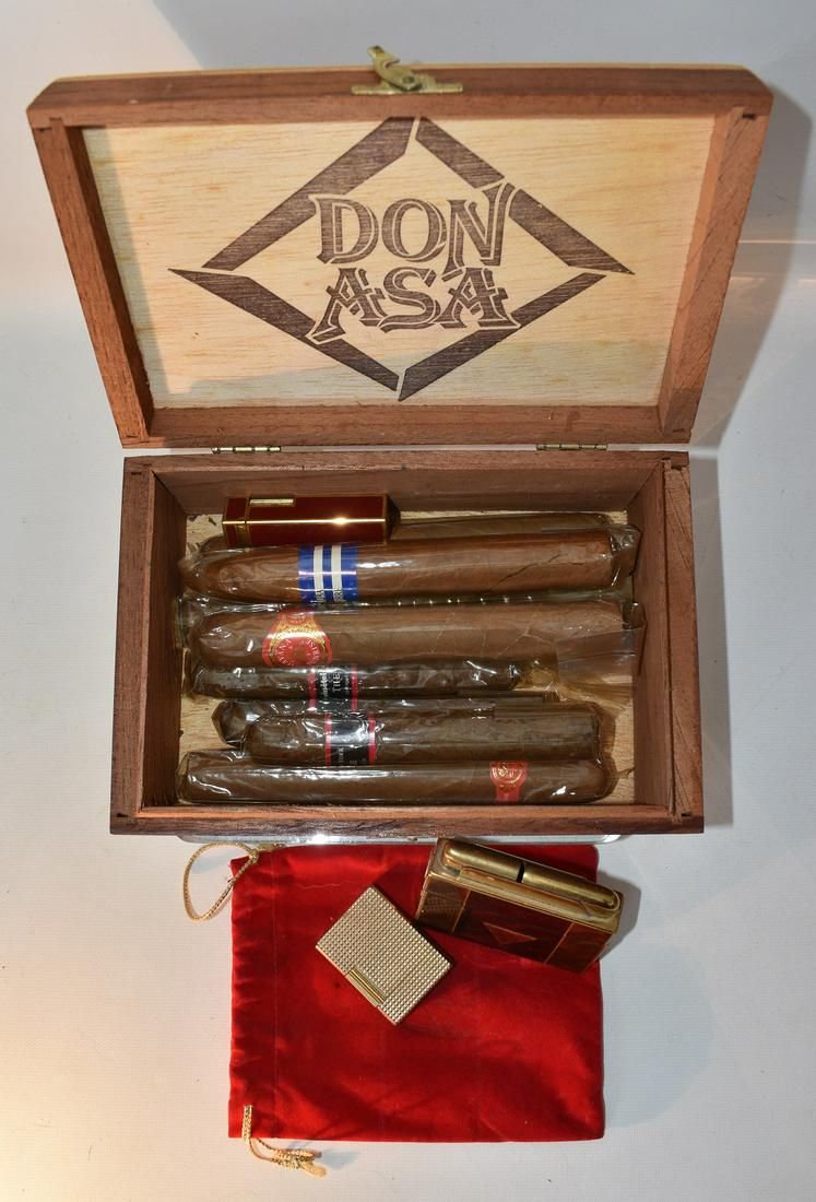 CIGAR BOX W/ASSORTED CUBAN CIGARS, LIGHTERS & CIGARETTE (1 of 8)