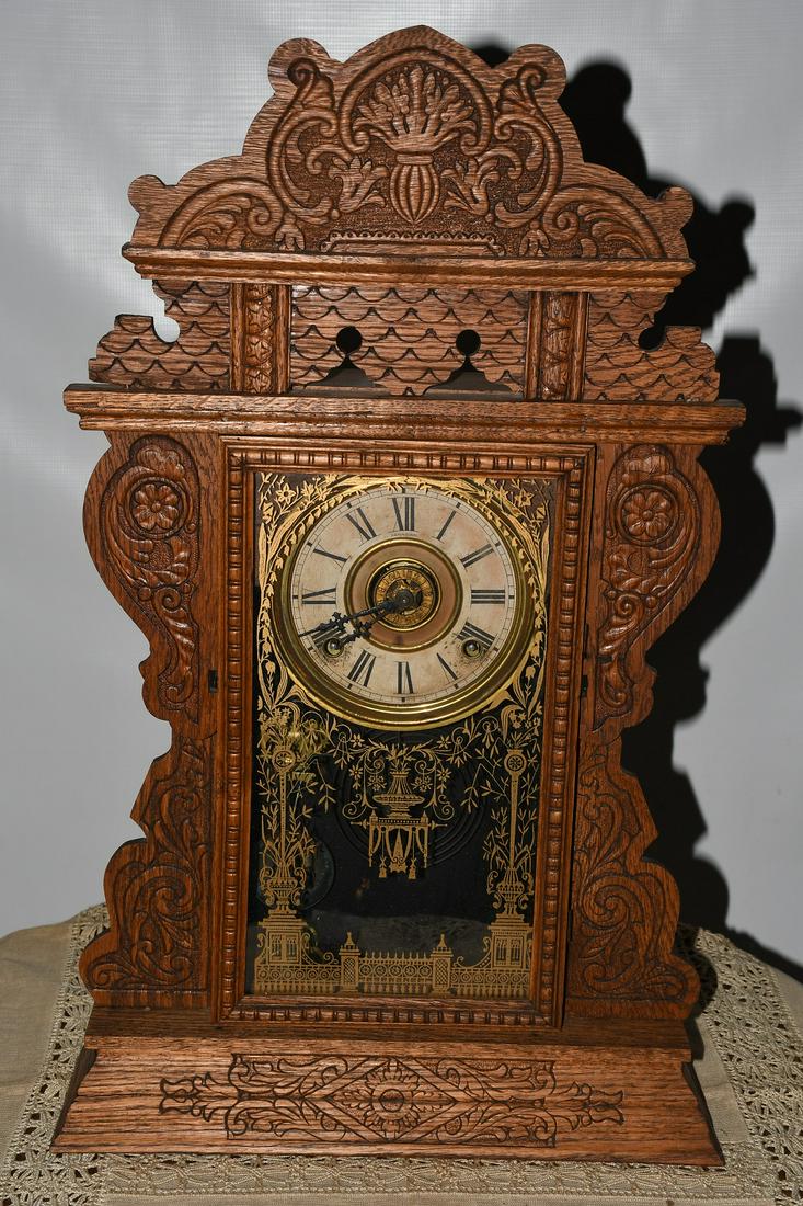 SESSIONS OAK GINGERBREAD MANTLE CLOCK, C. 1910 (1 of 6)