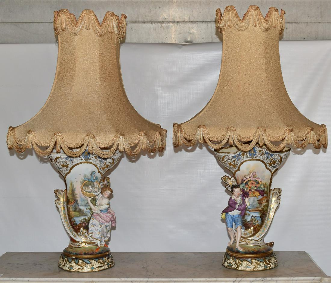 PR. FRENCH OLD PARIS GILT DECORATED FIGURAL FAN VASES (1 of 10)