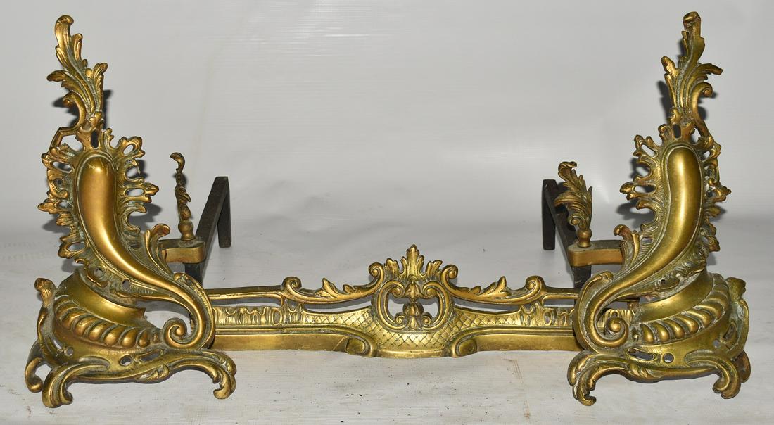 SET FRENCH LOUIS XV STYLE BRASS CHENETS, 19TH C. (1 of 4)