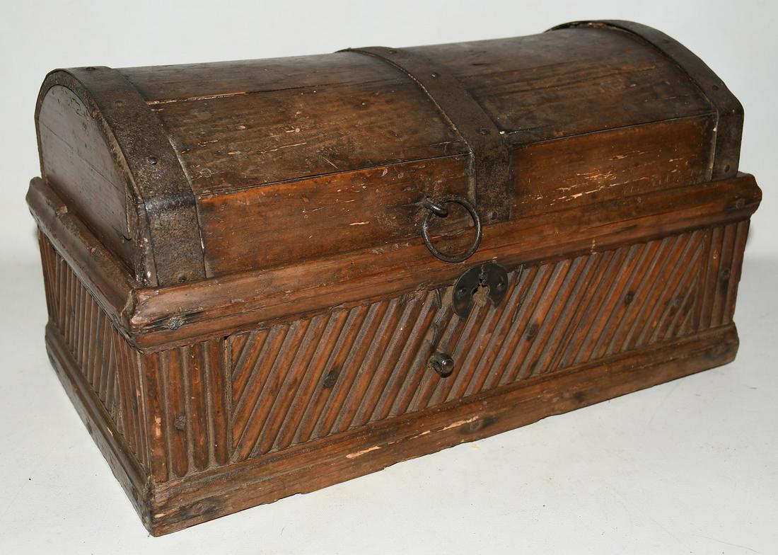 EARLY PINE/IRON DOMETOP VALUABLES CHEST, 18/19TH C. (1 of 6)