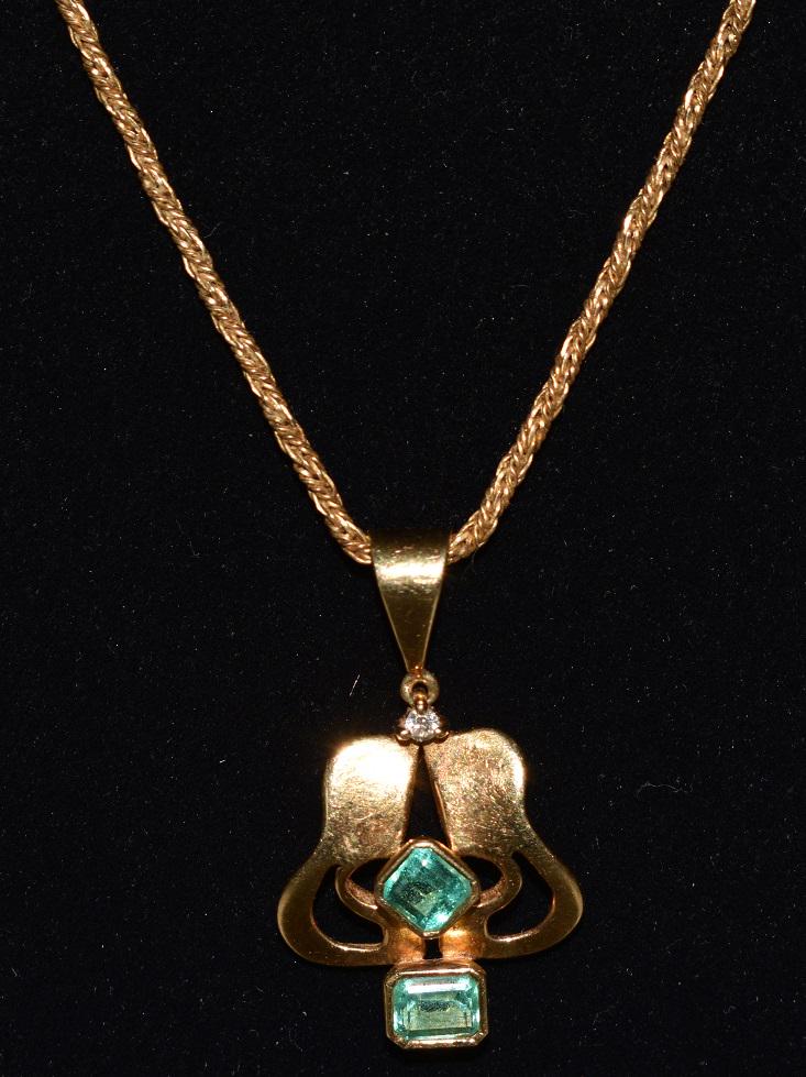 ART NOUVEAU 14 KT YELLOW GOLD/DIA/EMERALD NECKLACE (1 of 8)