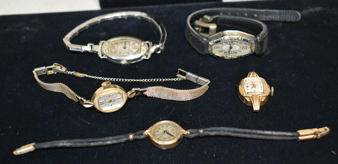 LOT (5) ART DECO 14 KT YELLOW/WHITE GOLD LADIES WATCHES (1 of 20)