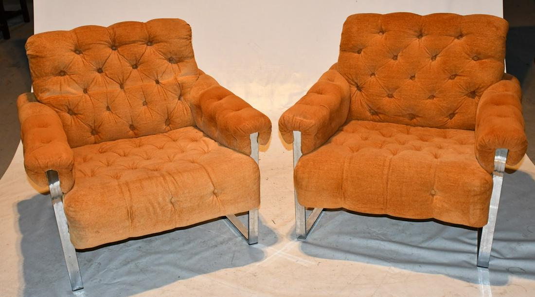 PAIR MCM CHROME/TUFTED FABRIC ARMCHAIRS, C. 1960 (1 of 5)