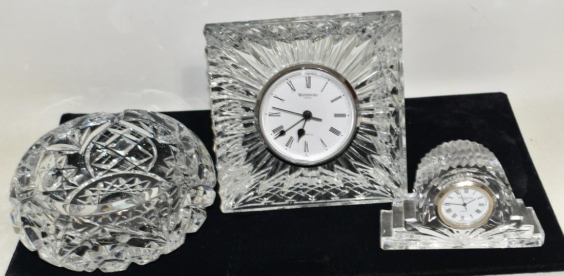 LOT (3) WATERFORD CRYSTAL DESK CLOCKS/ASHTRAY, 20TH C.: LOT (3) WATERFORD CRYSTAL DESK CLOCKS/ASHTRAY, 20TH C.