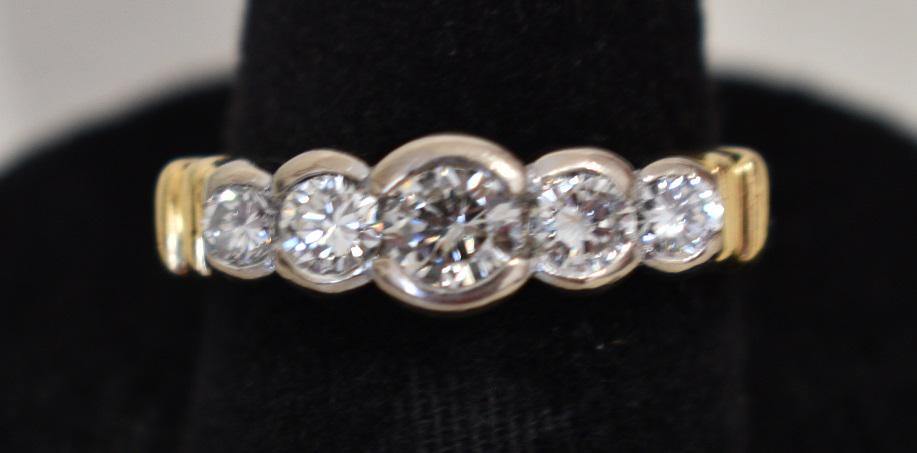 DECO 14KT WH./YW. GOLD/DIAMOND RING W/ 5 BRIGHT WHITE: DECO 14KT WHITE/YELLOW GOLD/DIAMOND RING W/ 5 BRIGHT WHITE DIAMONDS APPROX. 1 CT, W. 3.6 DWT, SIZE 6 1/2