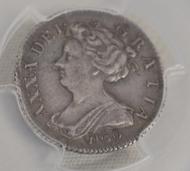 1703 GREAT BRITAIN SILVER 6D PENCE, VIRGO STRUCK: 1703 GREAT BRITAIN SILVER 6D PENCE, VIRGO STRUCK FROM SILVER SEIZED AT VIRGO BAY, SPAIN, XF45