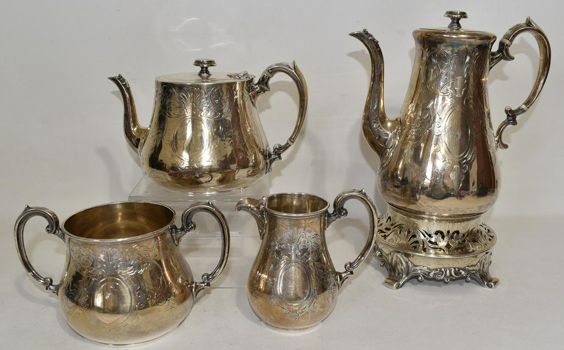 4 LONDON STERLING SILVER TEA SERVICE, HALLMARKED: SET (4) LONDON STERLING SILVER TEA SERVICE, HALLMARKED, C. 1850, W. 92 OZ.