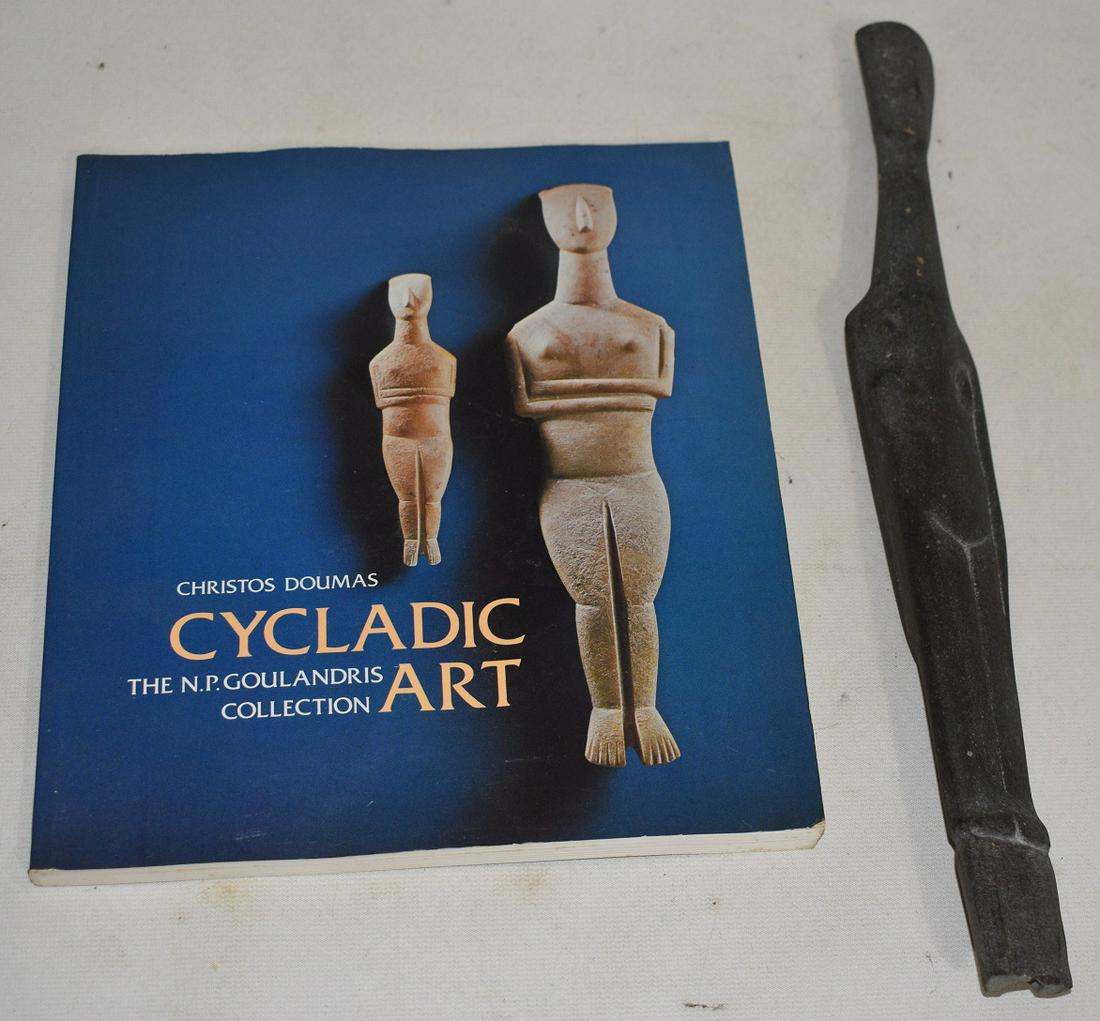 CYCLADIC STYLE CARVED STONE FIGURE (UNKNOWN AGE) W/BOOK: CYCLADIC STYLE CARVED STONE FIGURE (UNKNOWN AGE) W/ BOOK