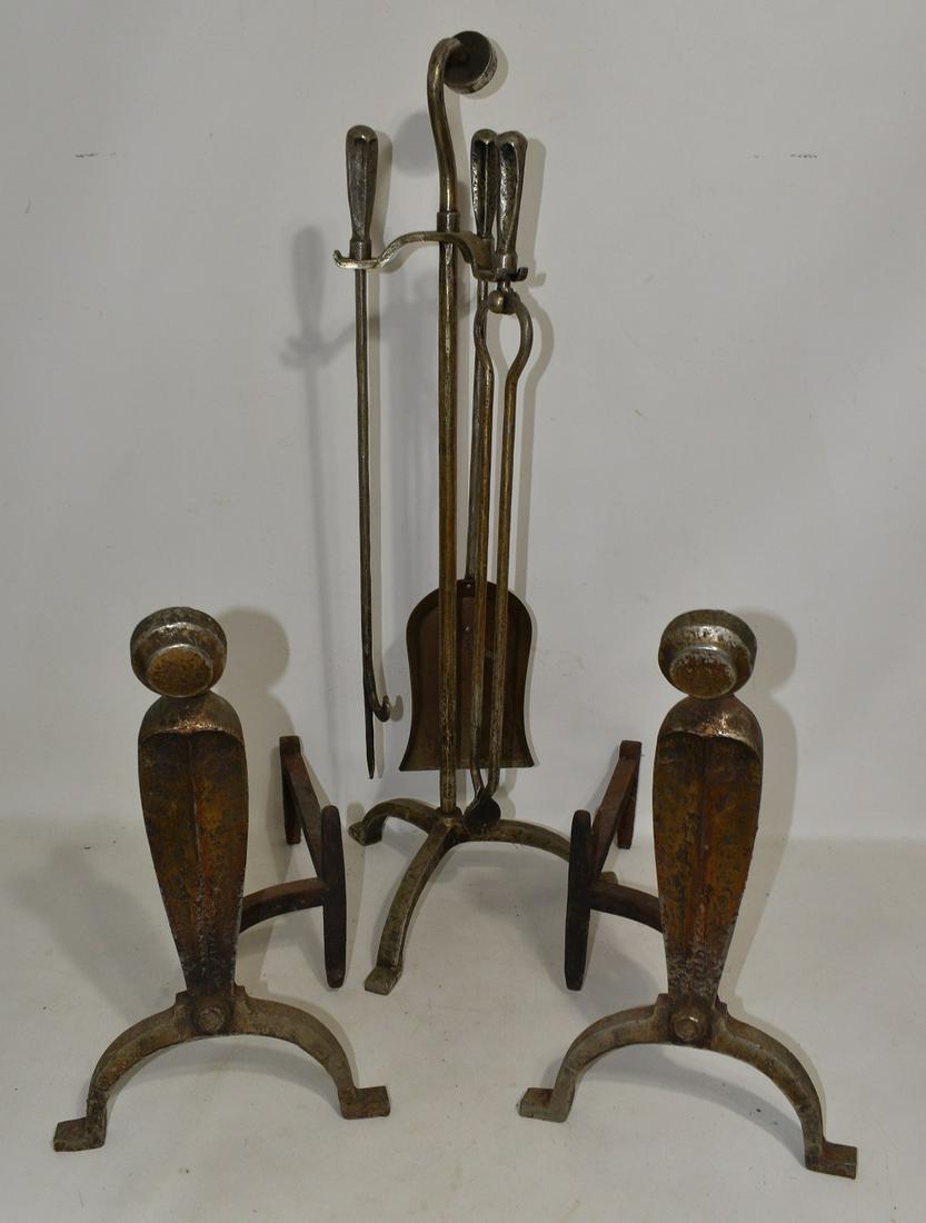 SET BRADLEY & HUBBARD NICKEL PLATED ANDIRONS/TOOLS: SET BRADLEY & HUBBARD NICKEL PLATED ANDIRONS/TOOLS, H. 17"