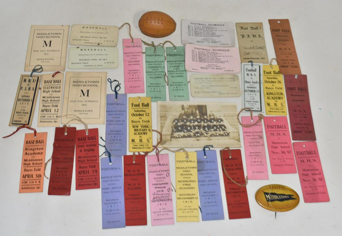 LG LOT MIDDLETOWN HIGH SCHOOL BASEBALL/FOOTBALL TICKETS: LARGE LOT MIDDLETOWN HIGH SCHOOL BASEBALL & FOOTBALL TICKETS, PASSES, CANDY CONTAINER & POSTCARDS, C. 1907, 09, 10 & 11; BASEBALL TICKETS C. 1910, 11, 12 & 13