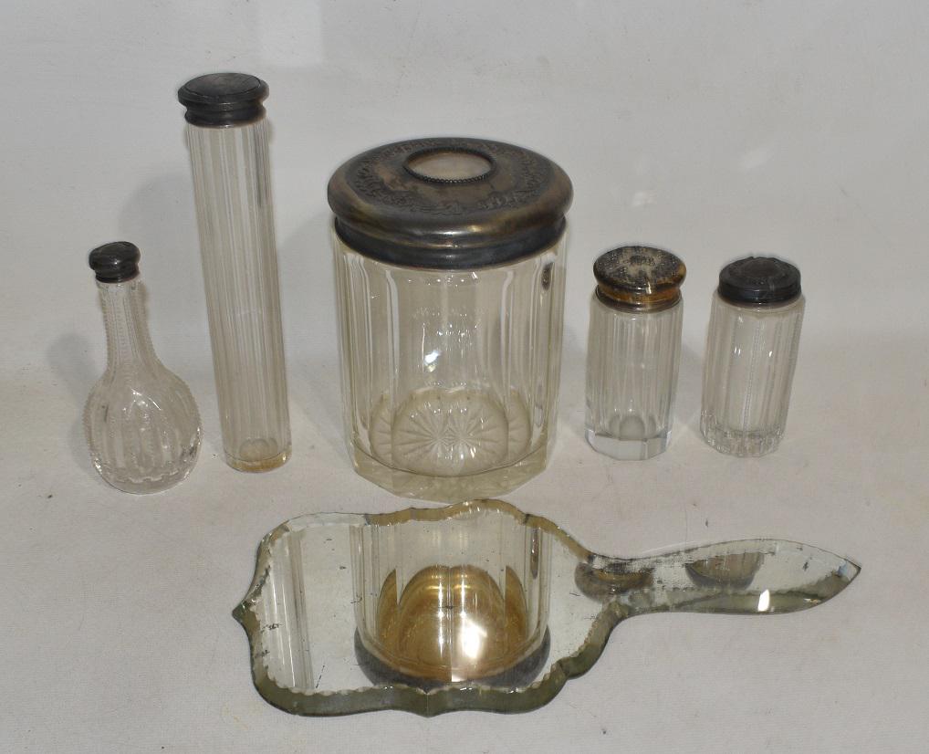 SET (6) DECO STERLING LID DRESSER JARS W/HAND MIRROR: SET (6) DECO STERLING LID DRESSER JARS W/HAND MIRROR, 19/20TH C., STERLING WEIGHT 3 OZ.