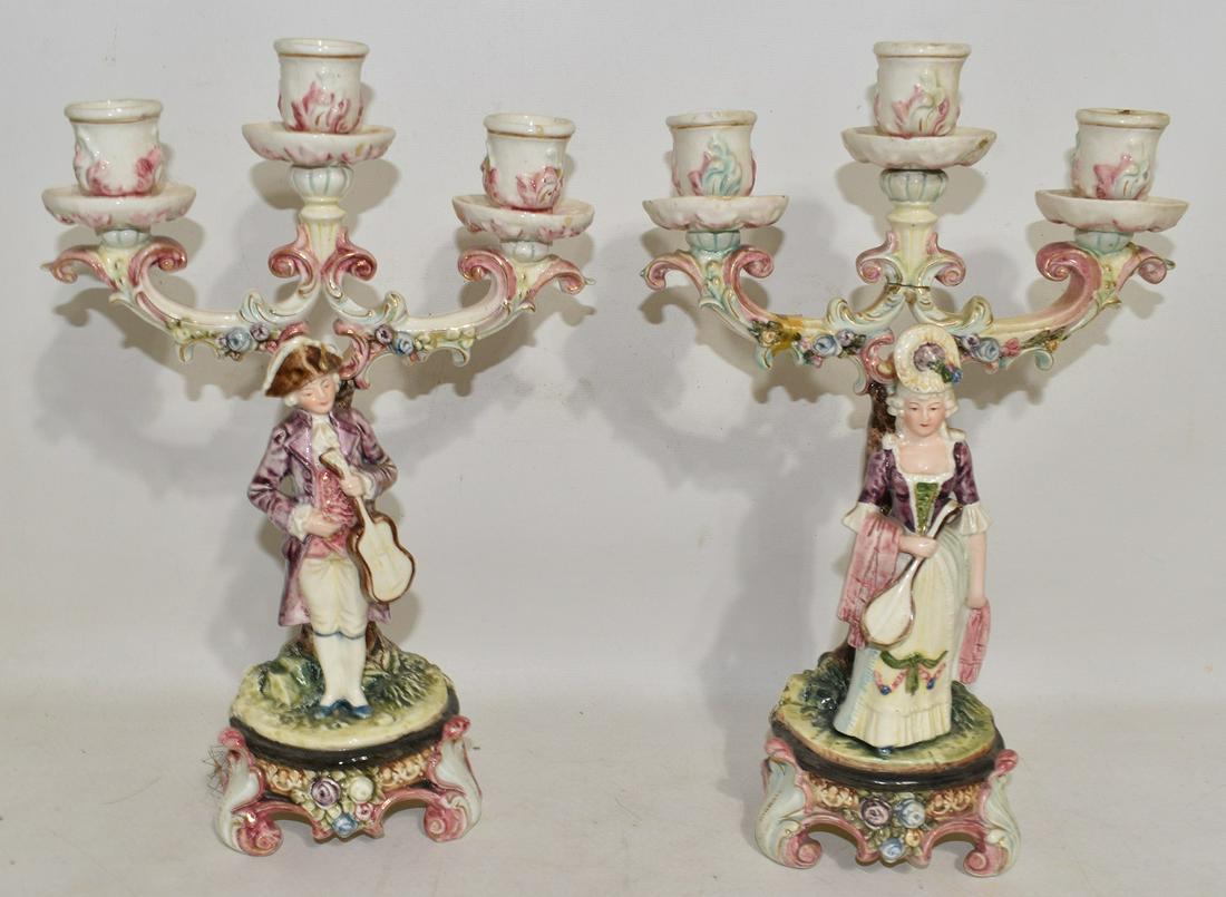 PAIR FRENCH MAJOLICA CANDELABRA W/ FIGURES, 19TH C.: PAIR FRENCH MAJOLICA CANDELABRA W/ FIGURES, 19TH C., H. 12"