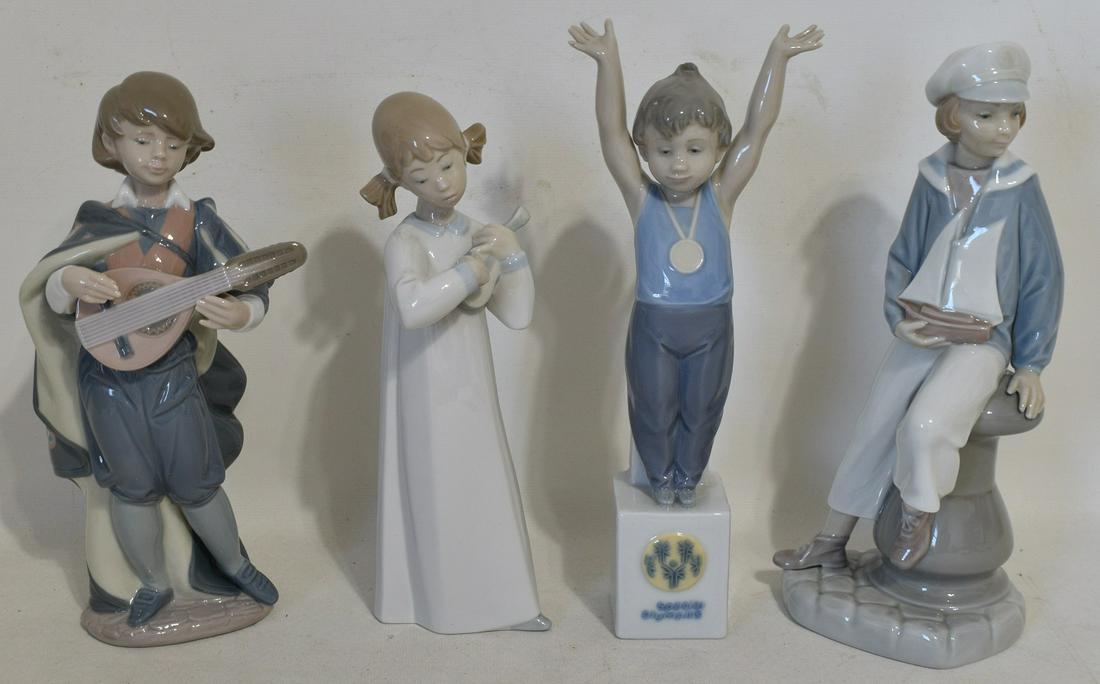 (4) LLADRO - GIRL PLAYING VIOLIN/YOUNG MANDOLIN PLAYER: (4) LLADRO-GIRL PLAYING VIOLIN, H. 8"/YOUNG MANDOLIN PLAYER #6278 W/ ORIGINAL BOX, H. 8 1/2" / SAILOR BOY W/ TOY BOAT #4810, H. 9" /SPECIAL OLYMPICS CHILD #7514, H. 9"