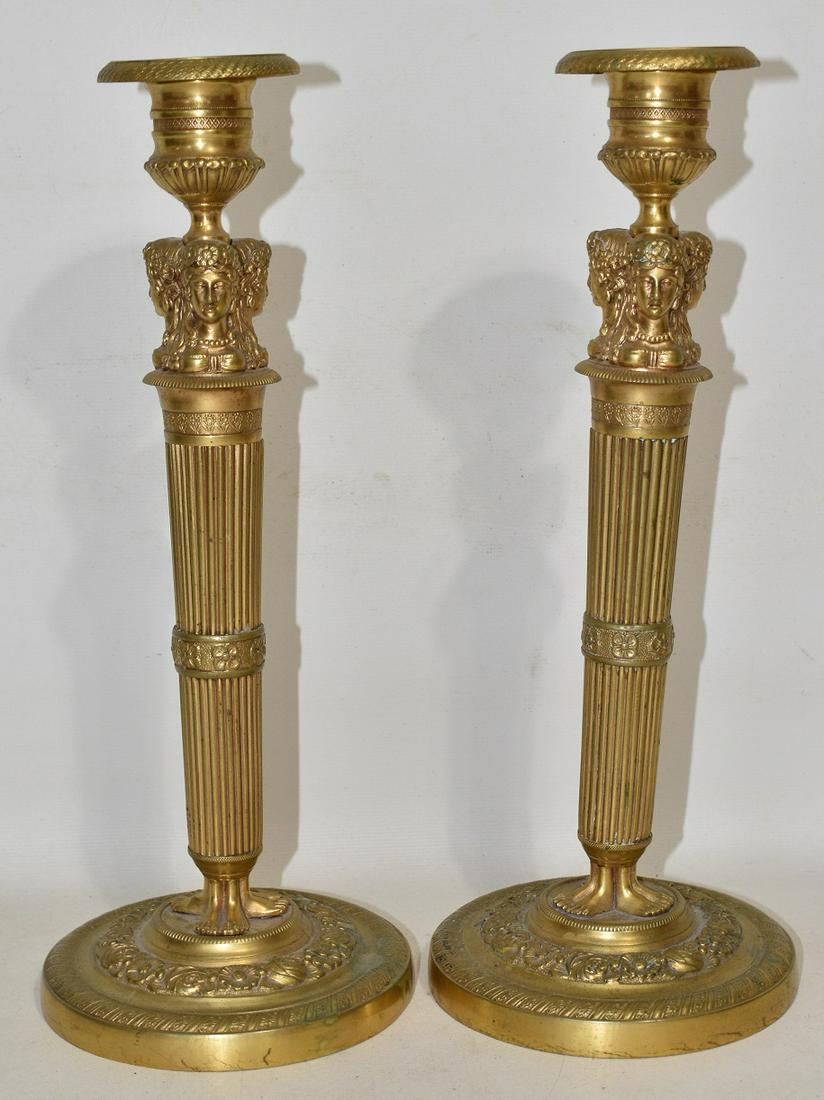 PAIR CLASSICAL GILT BRONZE CANDELABRA, 19TH C., H. 12": PAIR CLASSICAL GILT BRONZE CANDELABRA, 19TH C., H. 12"