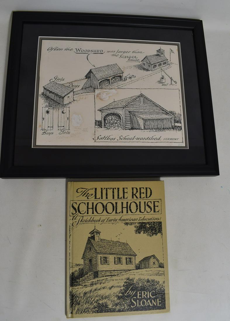 P/I "THE WOODSHED" SIGNED ERIC SLOANE, ILLUSTRATION: P/I "THE WOODSHED" SIGNED ERIC SLOANE (1905-1985, NY, NY), ILLUSTRATION FOR THE LITTLE RED SCHOOL HOUSE, SKETCHBOOK FOR EARLY AMERICAN EDUCATION BY ERIC SLOANE, C. 1972, SKETCH MEASURES 11" X 14"