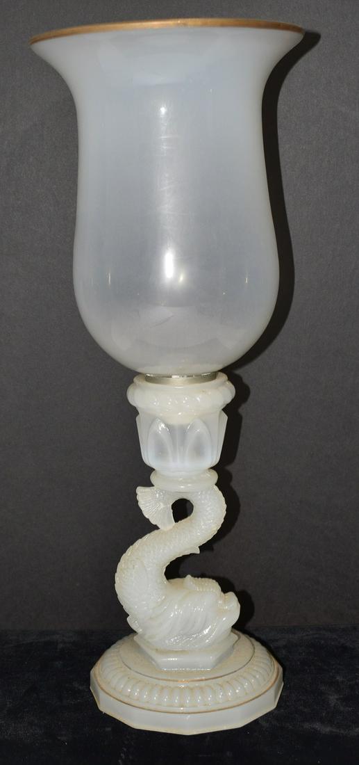 SANDWICH GLASS (STYLE) CANDLE LAMP W/ DOLPHIN BASE: SANDWICH GLASS (STYLE) CANDLE LAMP W/ DOLPHIN BASE, 19/20TH C., H. 16" (REPAIR?: TULIP FONT GLUED TO DOLPHIN TAIL)