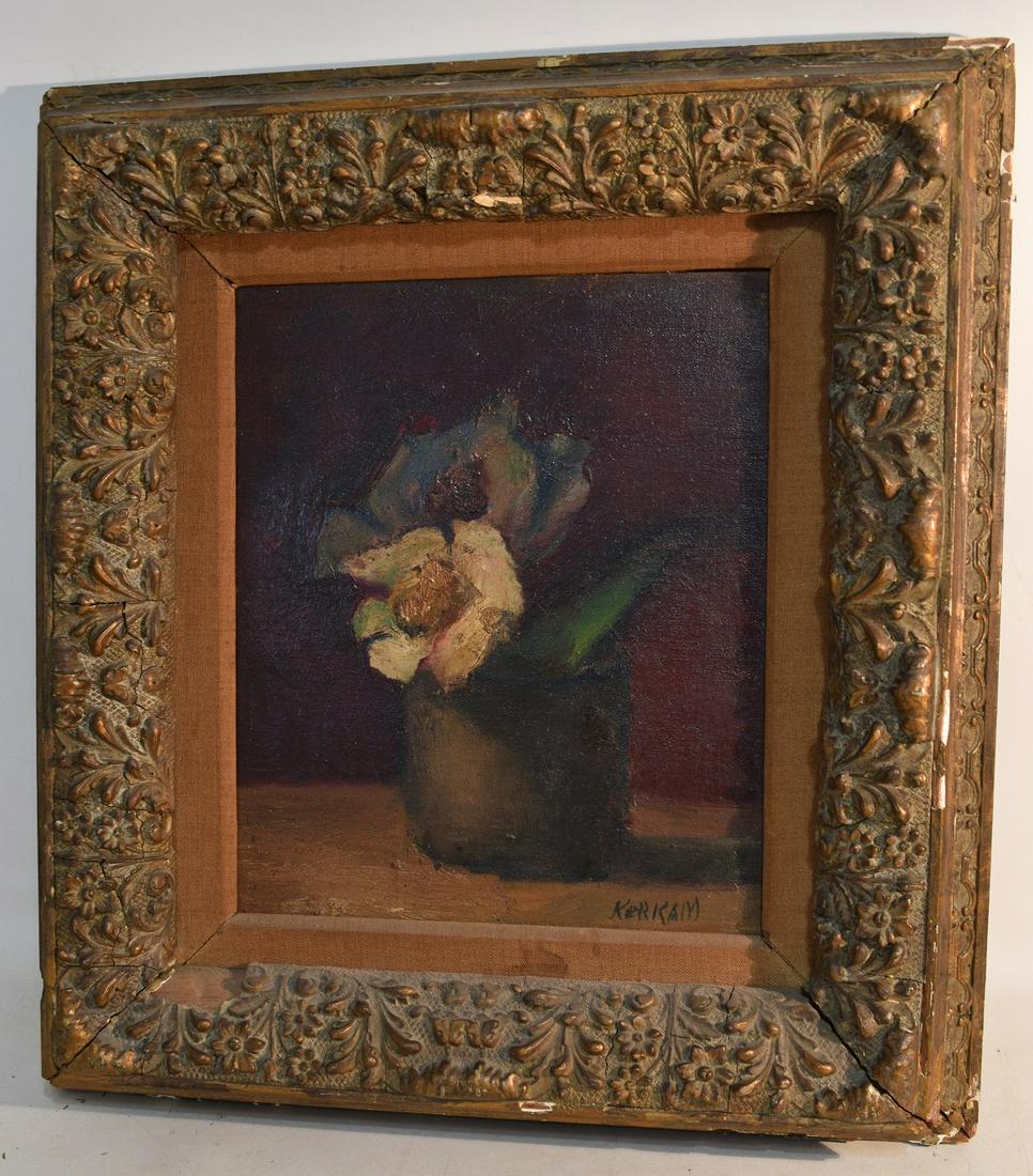 O/P STILL LIFE W/ FLOWER SIGNED KERKAM: O/P STILL LIFE W/ FLOWER SIGNED KERKAM (EARL CAVIS 1891-1965 NY, FRANCE) C. 1940, SIGHT 12" X 10"