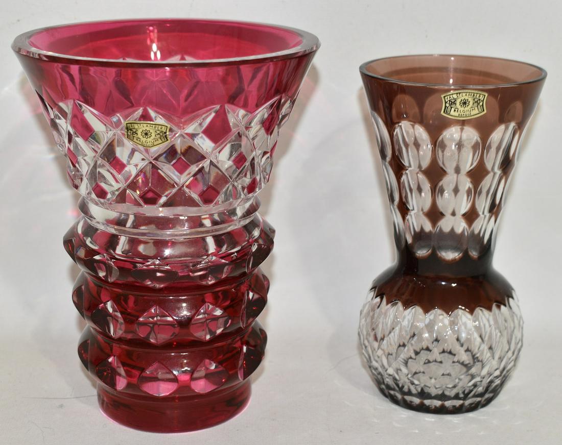 (2) VAL SAINT LAMBERT CUT TO CLEAR CRYSTAL VASES: (2) VAL SAINT LAMBERT CUT TO CLEAR CRYSTAL VASES, 2OTH C., H. LARGEST 6 1/2"