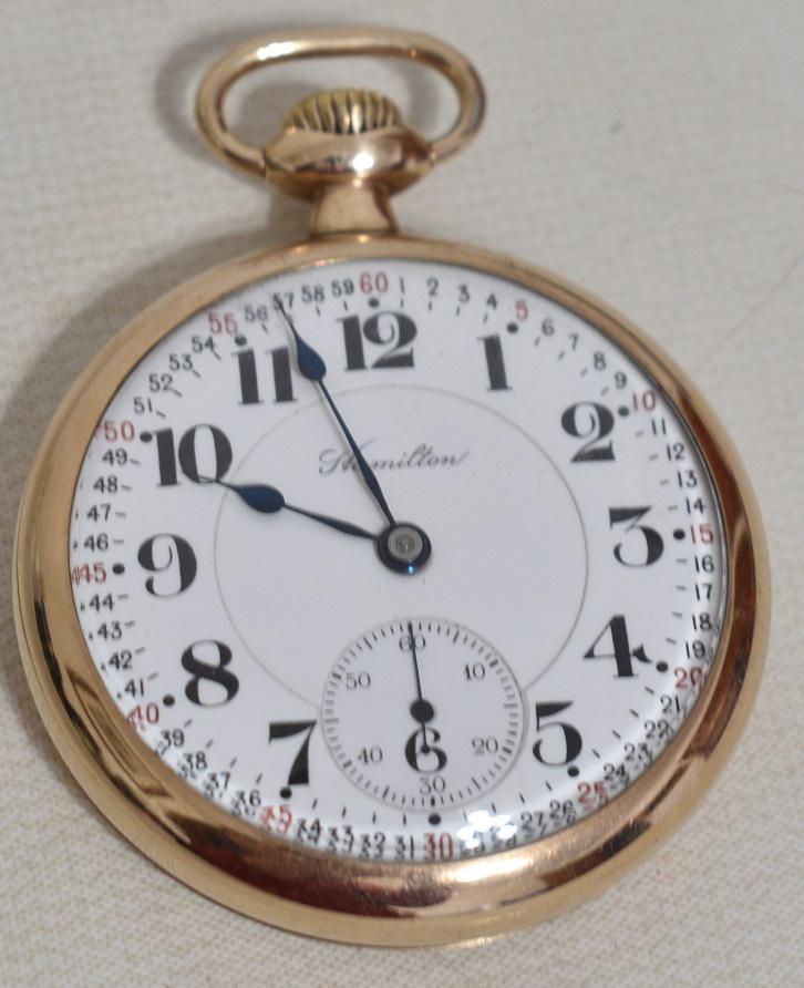 HAMILTON RAILROAD POCKET WATCH W/21J MOVEMENT: HAMILTON RAILROAD POCKET WATCH W/21J MOVEMENT W/ RECESSED DIAL, C. 1930, SERIAL #1298820, DIAM. 16