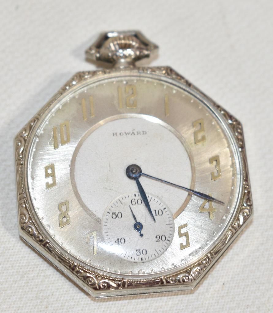 HOWARD ART DECO 14KT WHITE GOLD OCTAGON POCKET WATCH: HOWARD ART DECO 14KT WHITE GOLD OCTAGON POCKET WATCH, 17J, 16 SZ., C. 1920