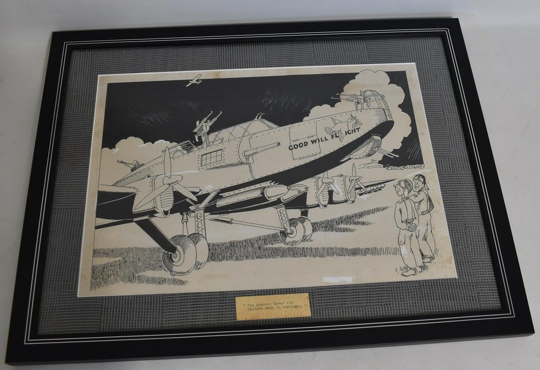 P/I "GOOD WILL FLIGHT" SIGNED ERIC SLOANE, ILLUSTRATION: P/I "GOOD WILL FLIGHT"SIGNED ERIC SLOANE (1905-1985, NY, NY) ILLUSTRATION POSSIBLY FOR US ARMY PUBLICATION (AIR TRAILS) "THE GENERAL NEVER DID BELIEVE MUCH IN SUBTLETY", C. 1940'S, 12 1/4" X 17 1/2"