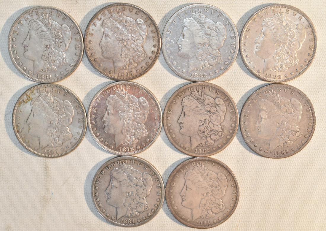 LOT (10) MORGAN SILVER DOLLARS - 1878-S, 1881-O, 1882: LOT (10) MORGAN SILVER DOLLARS - 1878-S, 1881-O, 1882, 1884, 1887, 1889-O, 1891, 1897-S, 1900-O, 1921
