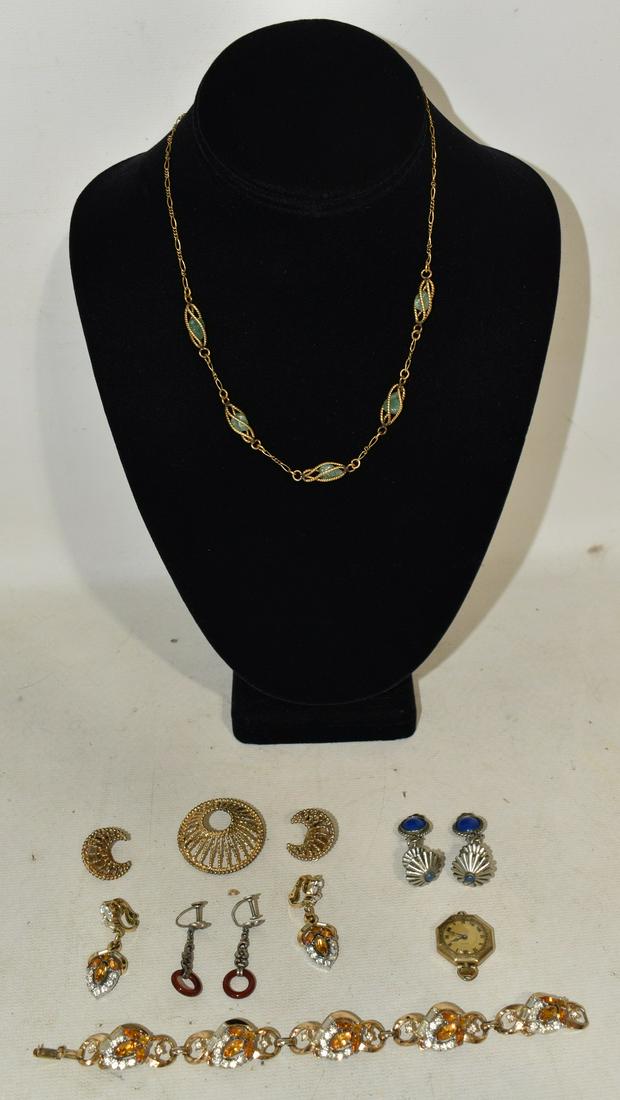 LOT COSTUME JEWELRY INCL. NAPIER STERLING, TRIFARI,: LOT COSTUME JEWELRY INCLUDING NAPIER STERLING, TRIFARI, DECO IOCO WRIST WATCH C. 1920