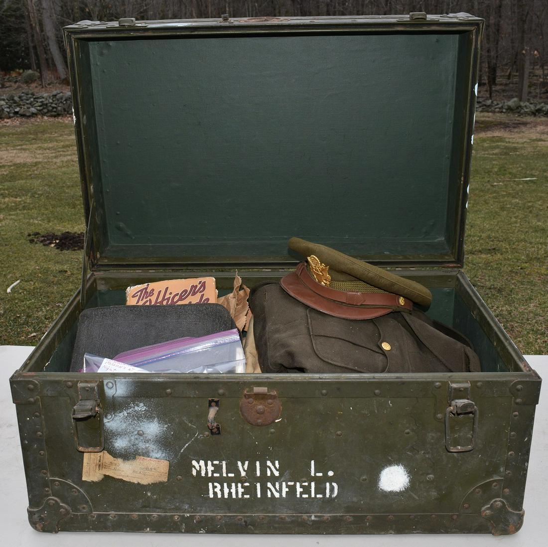 WWII FOOT LOCKER, LT. MELVIN L. RHEINFELD, CONTENTS: WWII FOOT LOCKER, LT. MELVIN L. RHEINFELD COMPLETE WITH UNIFORMS, BOOKS, BINDER/PORTFOLIO, LETTERS & CORRESPONDENCE, C. 1943/45