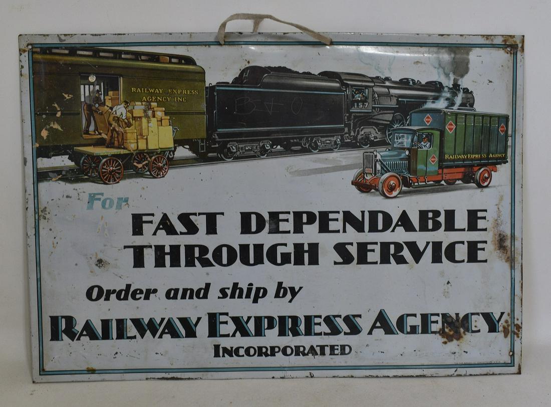 RARE RAILWAY EXPRESS AGENCY TIN ADVERTISING SIGN C. 1920 (1 of 6)
