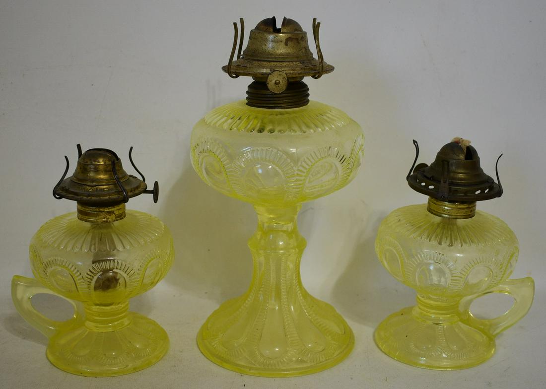LOT (3) VICTORIAN CANARY YELLOW KEROSENE LAMPS, 19TH C. (1 of 11)