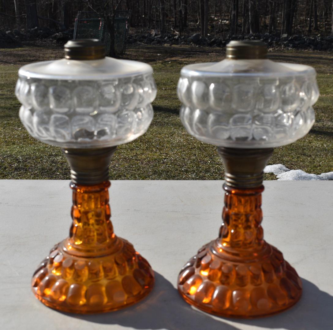 PAIR VICTORIAN AMBER PATTERN GLASS KEROSENE LAMPS (1 of 7)