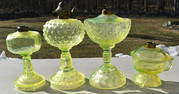 4 VICT. CANARY YELLOW PATTERN GLASS KEROSENE LAMPS