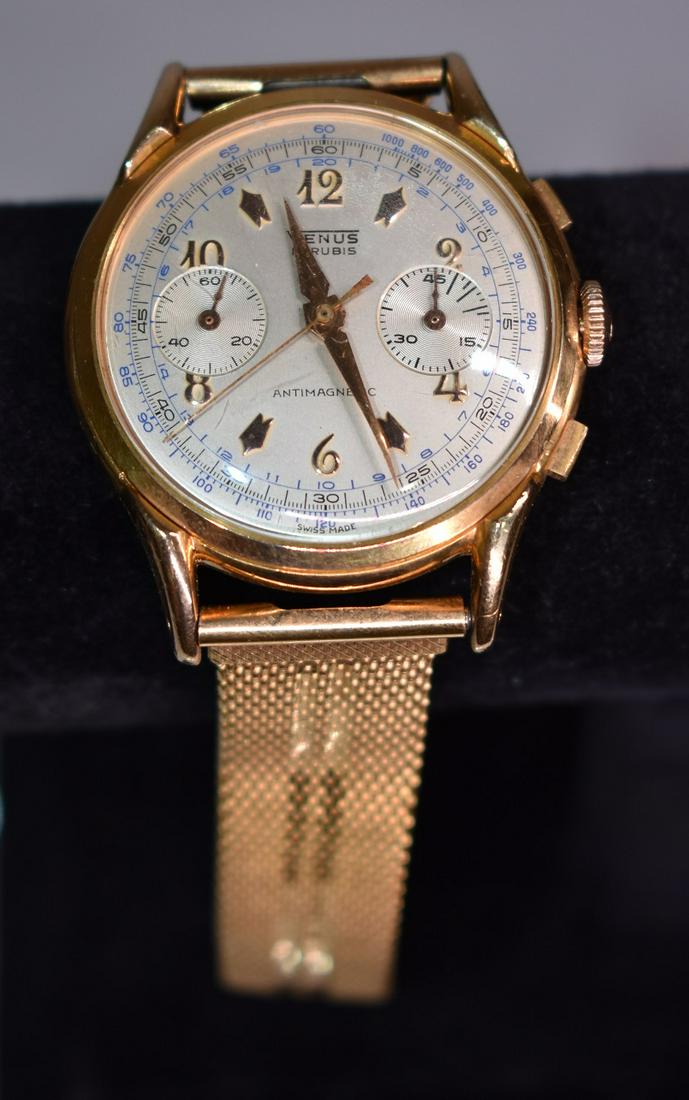 RARE VENUS CHRONOGRAPH WRISTWATCH, 20TH C.: RARE VENUS CHRONOGRAPH WRISTWATCH, 20TH C., DIAL SIZE 36.85 MM, L. 9 1/2"