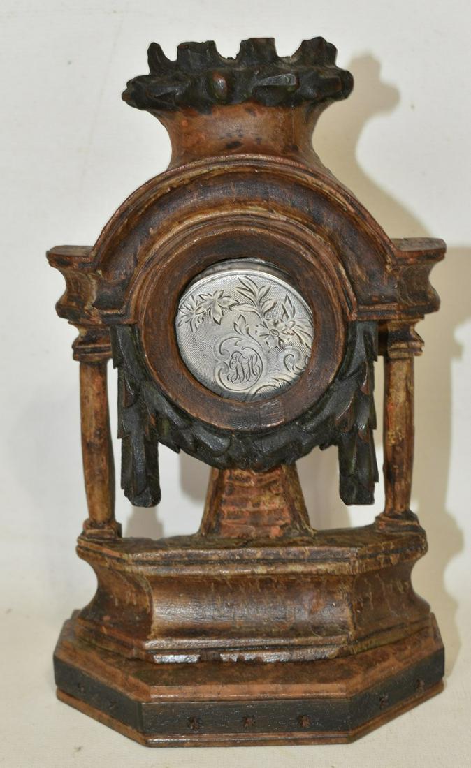 EARLY CARVED/PAINTED POCKET WATCH HUTCH W/WATCH (1 of 13)