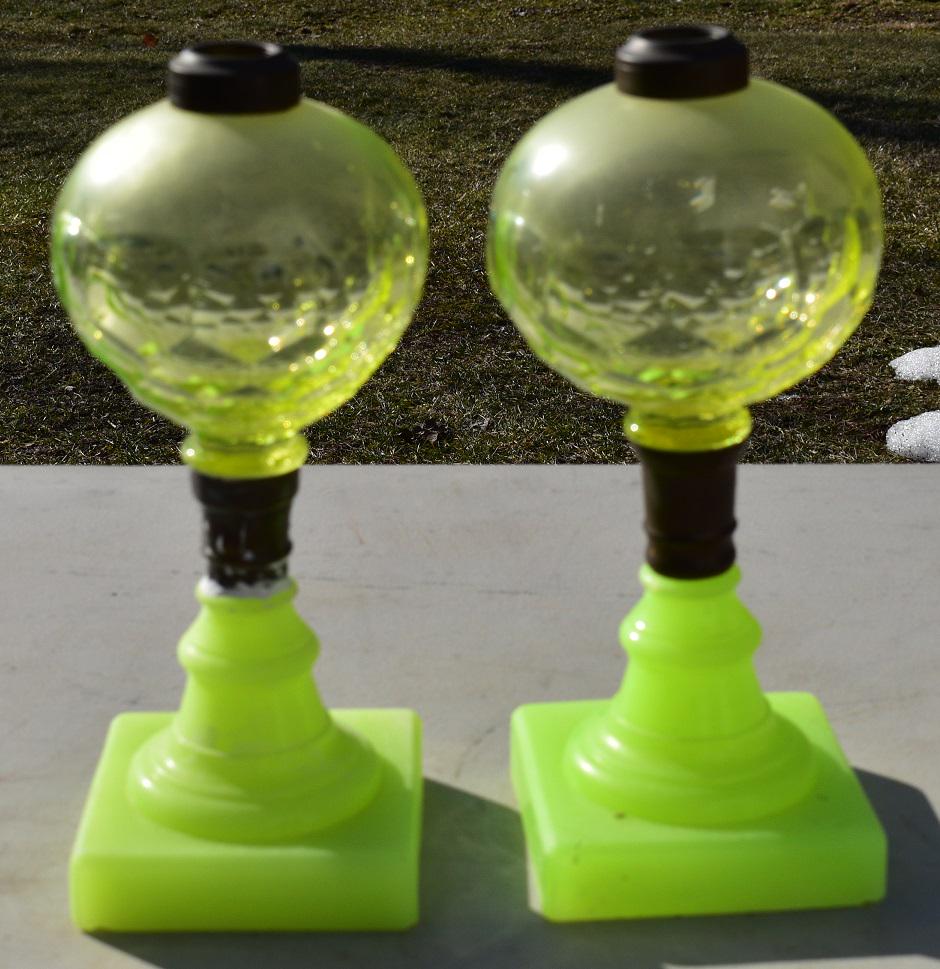PAIR VICTORIAN CANARY YELLOW KEROSENE LAMPS, 19TH C. (1 of 7)