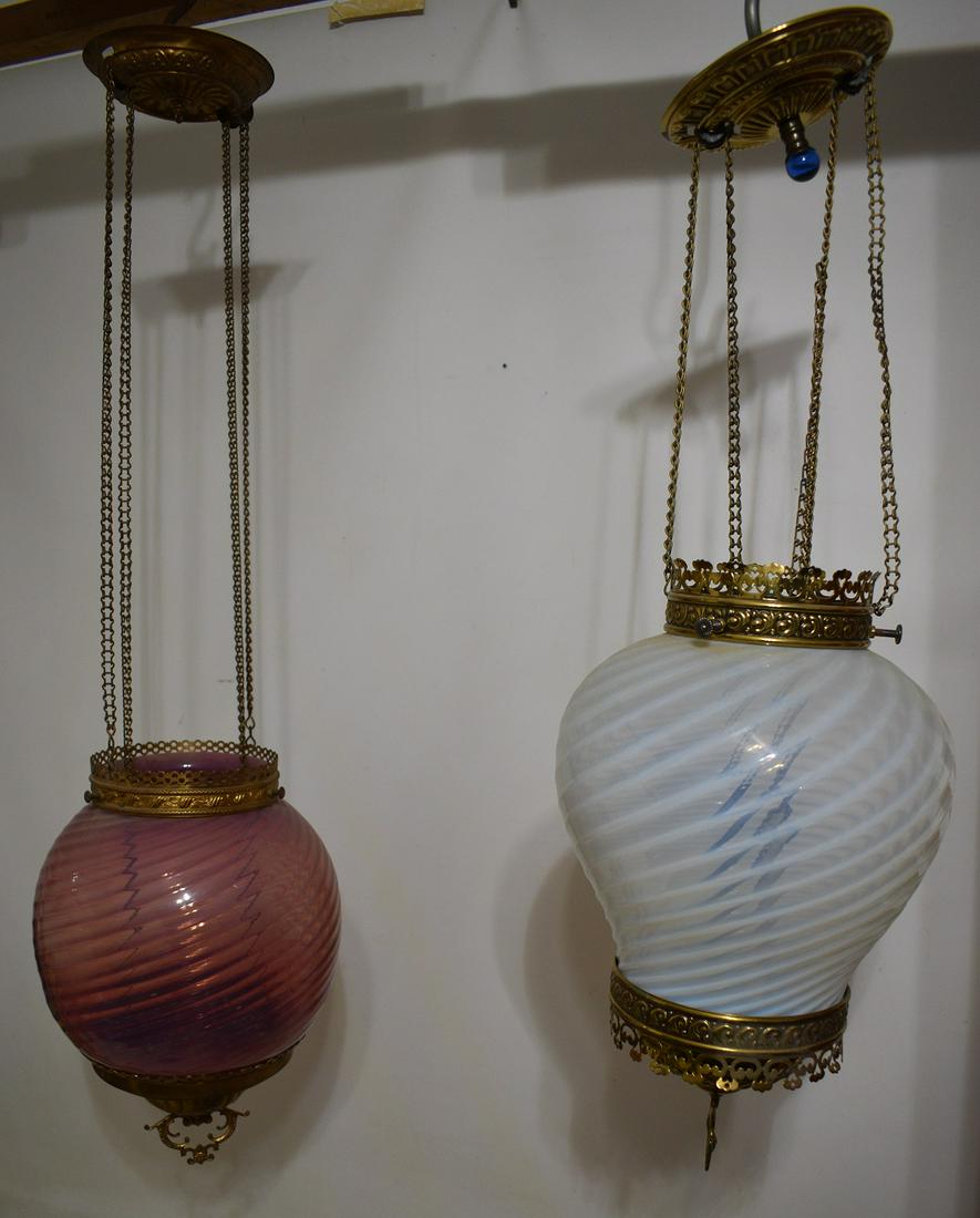 2 VICT. CRANBERRY/WHITE SWIRLED GLASS HANGING FIXTURES (1 of 8)