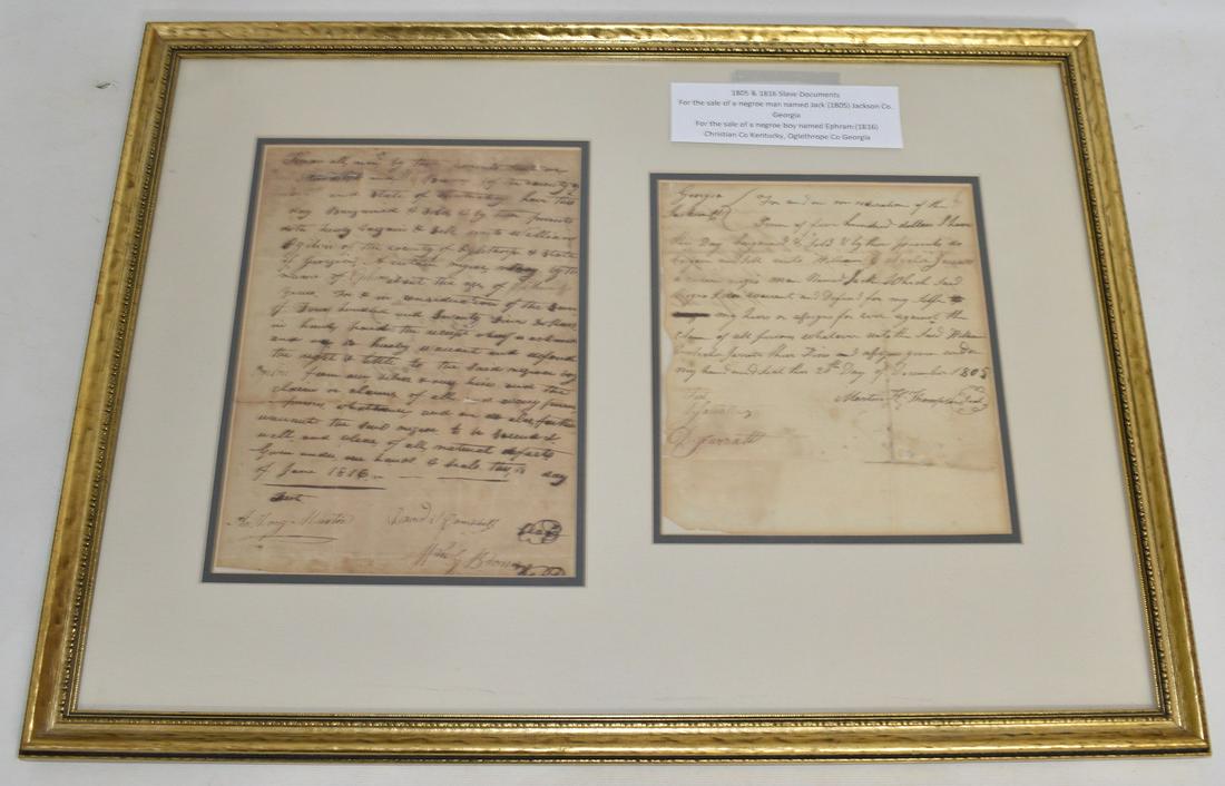 LOT (2) FRAMED SLAVE DOCUMENTS, 19TH C. (1 of 10)