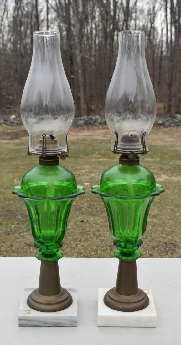 PAIR VICTORIAN EMERALD GREEN KEROSENE LAMPS, 19TH C. (1 of 10)