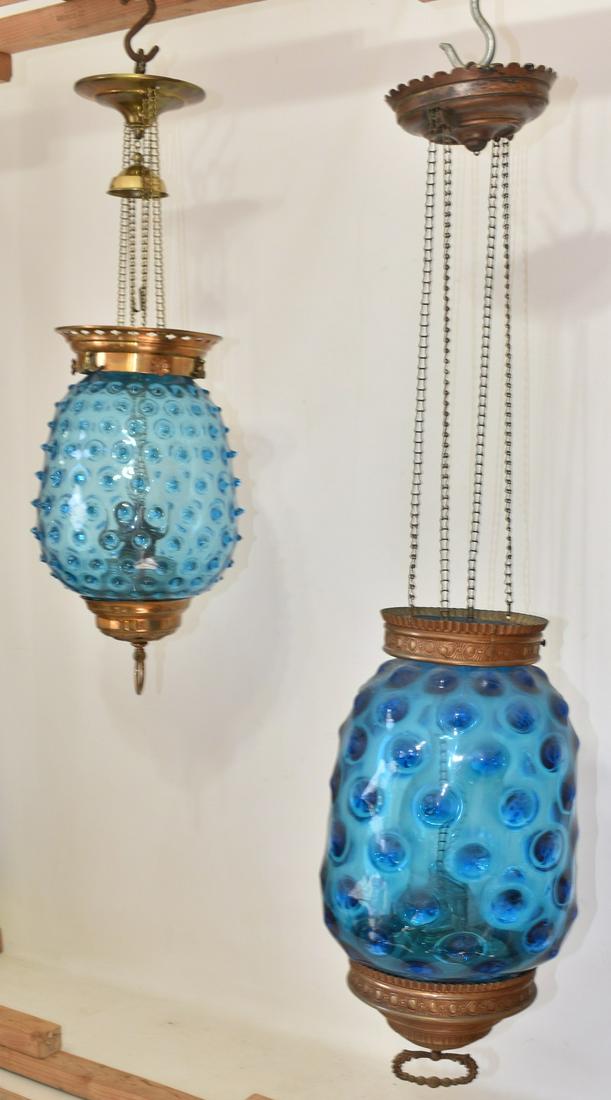 (2) VICTORIAN BLUE HOBNAIL GLASS HANGING LIGHT FIXTURES (1 of 13)